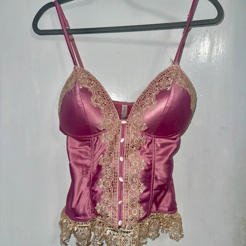 Blush Satin Chemise Top in Rose Pink with Gold Lace
